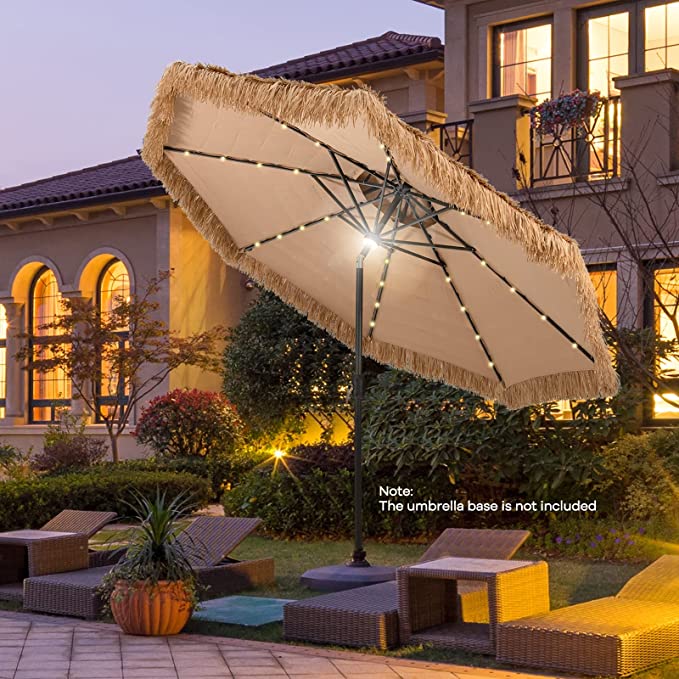 This Hawaiian Style Thatched Patio Umbrella With LED Lights Will Keep